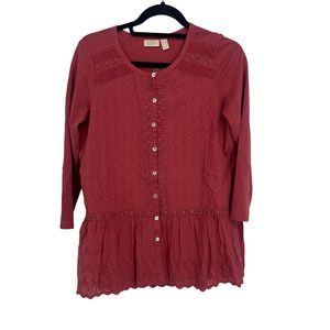 NWOT Logo Lavish Lori Goldstein top size XS red Tunic Boho Peasant Shirt Eyelet